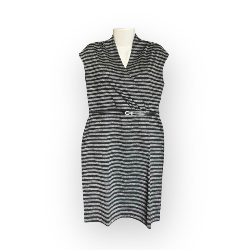 Liz Claiborne Woman's Black/ Grey Striped Belted V-Neck Knee Length Dress Size L